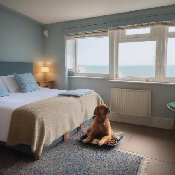 Dog-friendly hotel room in Whitstable with a comfy dog bed and water bowl.