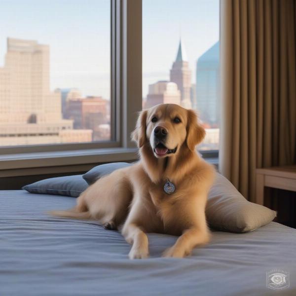 A dog enjoying the amenities at a dog-friendly hotel in Saratoga Springs