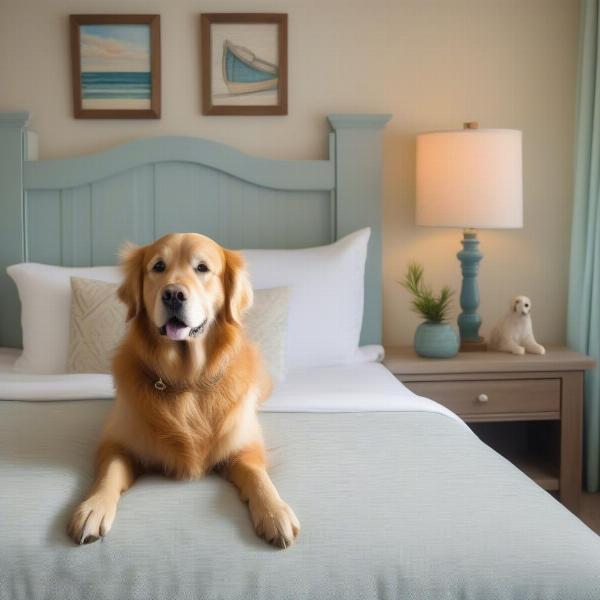 Dog-friendly hotel room on Topsail Island, NC with a dog relaxing on the bed.