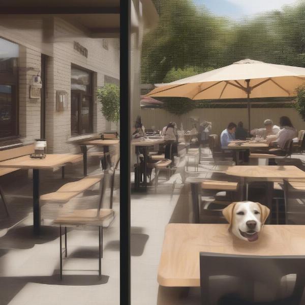 Dog-friendly patio with water bowls and shade.