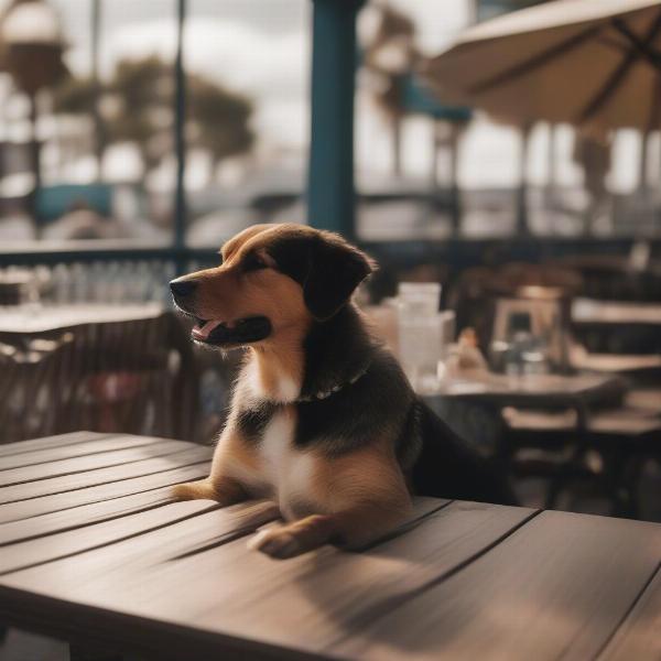 A dog relaxing with its owner on a dog-friendly patio in Asbury Park.