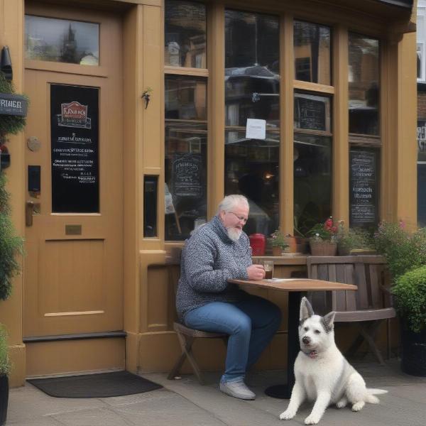 Dog sitting with its owner at a dog-friendly pub in Dartmouth, Devon.