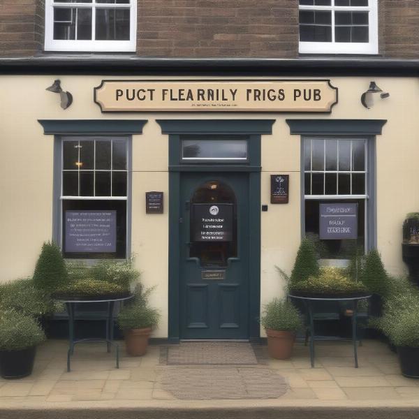 Dog-friendly pub exterior with signage and outdoor seating.