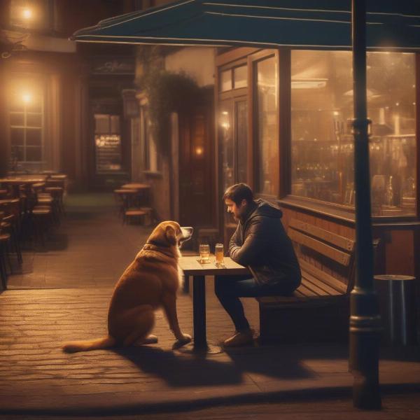 A dog sitting with its owner at a dog-friendly pub in Newcastle in the evening