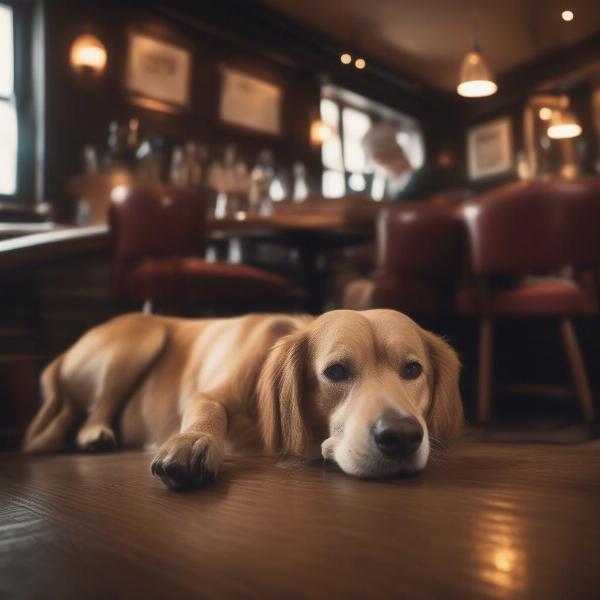 Dog relaxing with its owner at a dog-friendly pub in Nottingham.