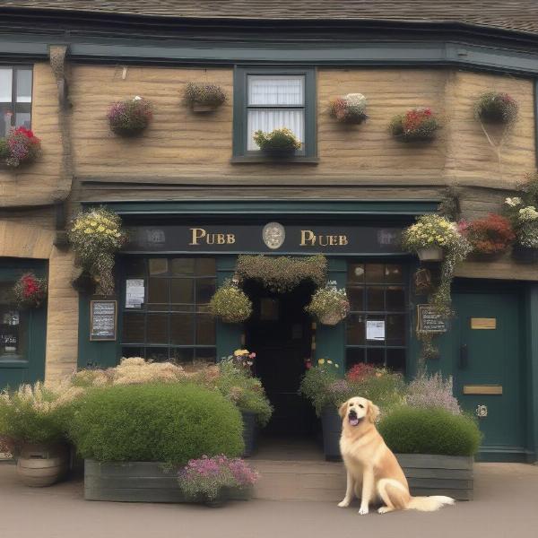 Dog-friendly pub exterior in Peterborough with a dog sitting outside