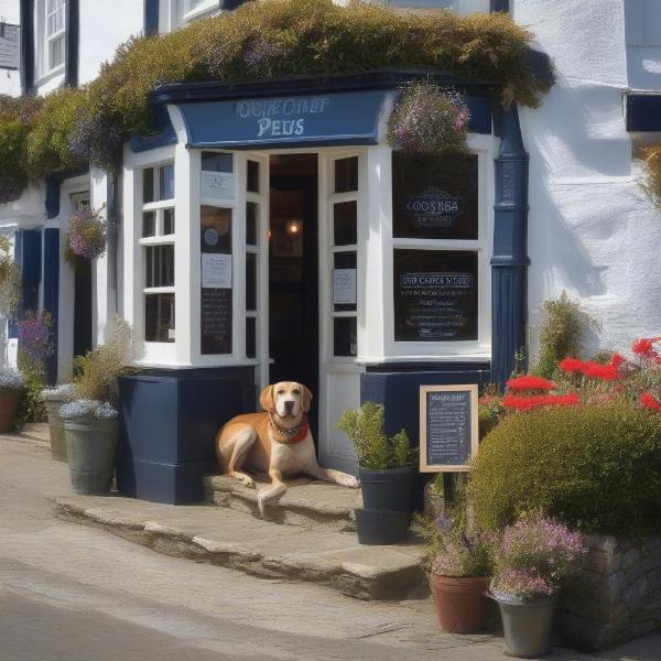 A dog resting outside a dog-friendly pub in Port Isaac.