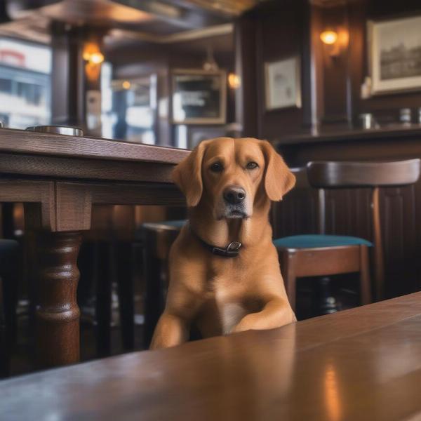 A dog sitting patiently under a table at a dog-friendly pub in Portsmouth.