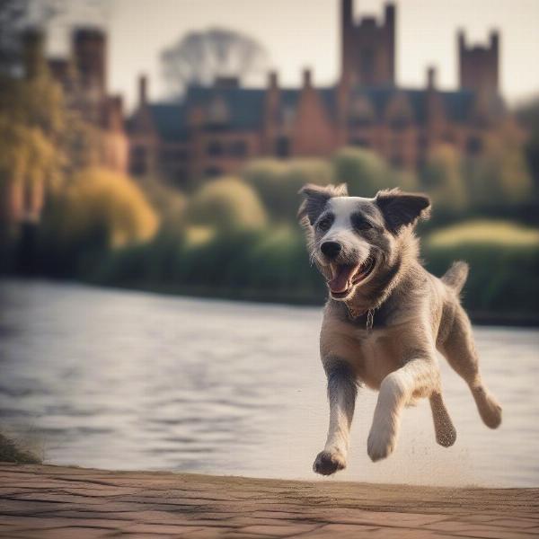 A dog running along the banks of the River Avon in Stratford upon Avon, with the Royal Shakespeare Theatre in the background.