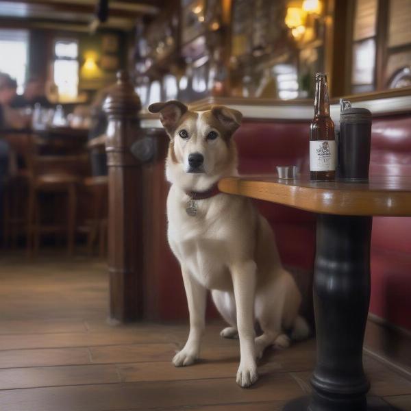 A dog sitting under a table at a dog-friendly pub in Worcester.