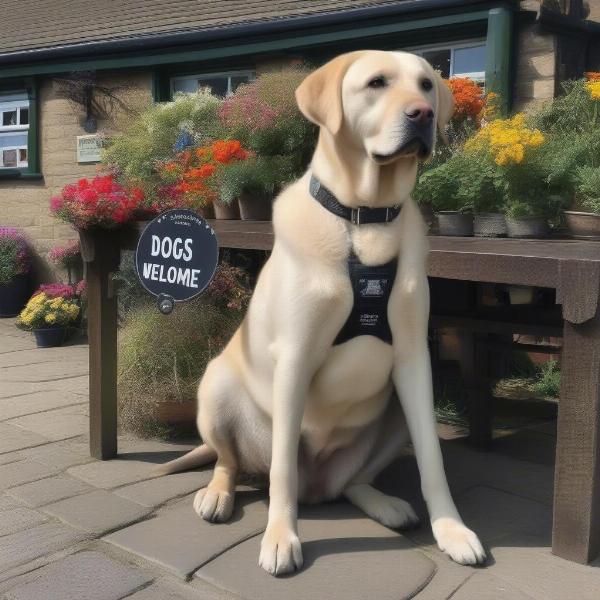 Dog-friendly pubs in Whitby: A dog sitting patiently under a table outside a traditional pub.