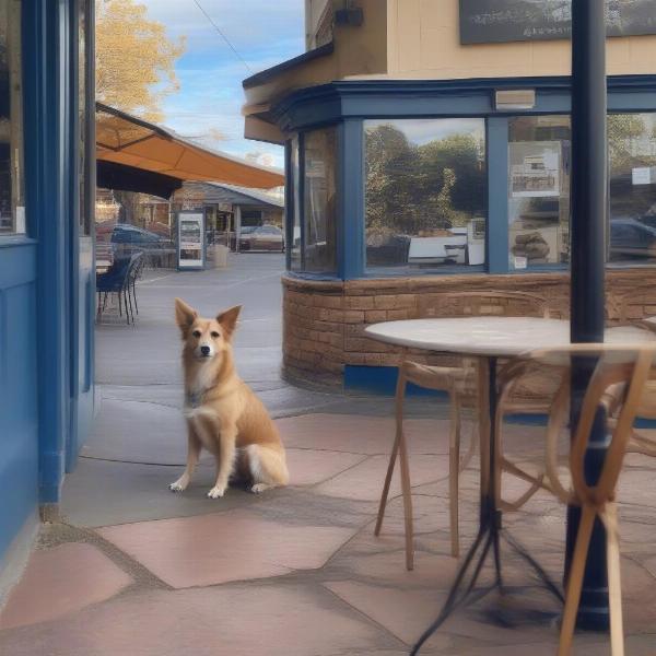 A dog sitting patiently at a table outside a dog-friendly restaurant in the Blue Mountains.