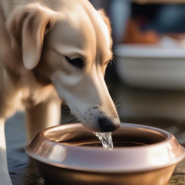 A dog drinking water from a bowl at a dog-friendly restaurant in Manchester