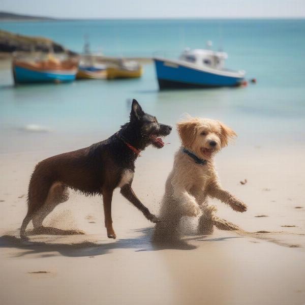 Dogs enjoying the beach in St Ives, Cornwall.