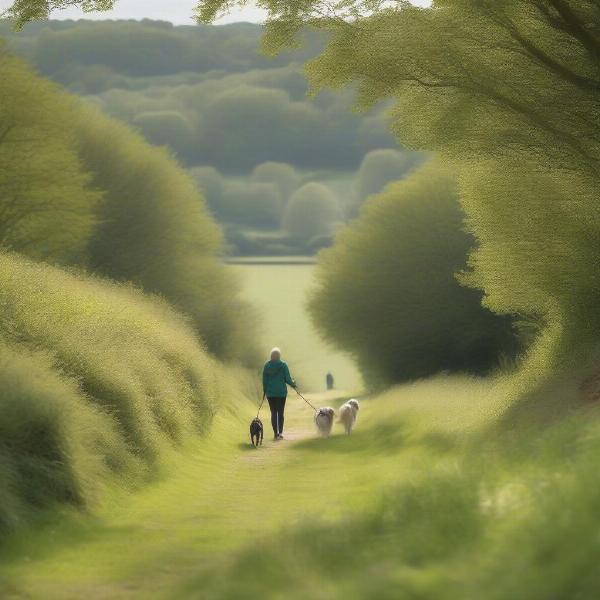 Dog-friendly walks in the Dorset countryside: Dogs exploring trails with their owners.