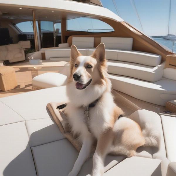 Dog-friendly yacht deck features non-slip surfaces, ample space, and shaded areas for canine comfort.