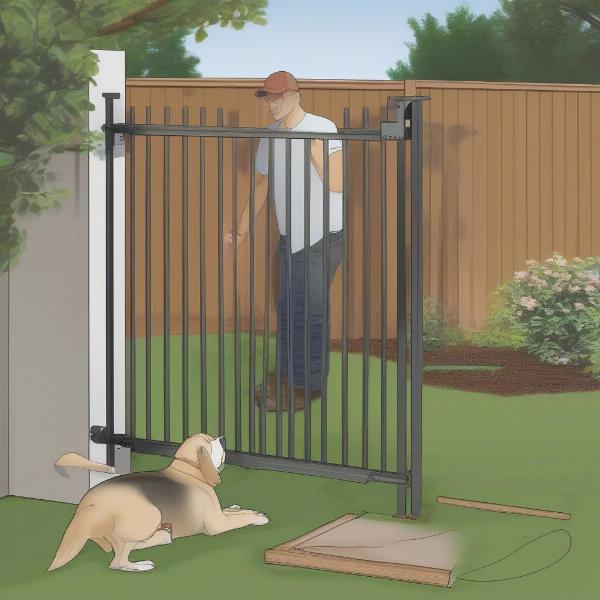 A person installing a dog gate in a yard, demonstrating the installation process.