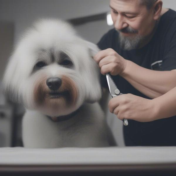 Dog getting groomed shaggy chic style