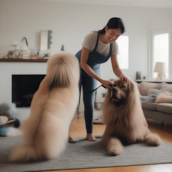 A dog being groomed with a shedding glove