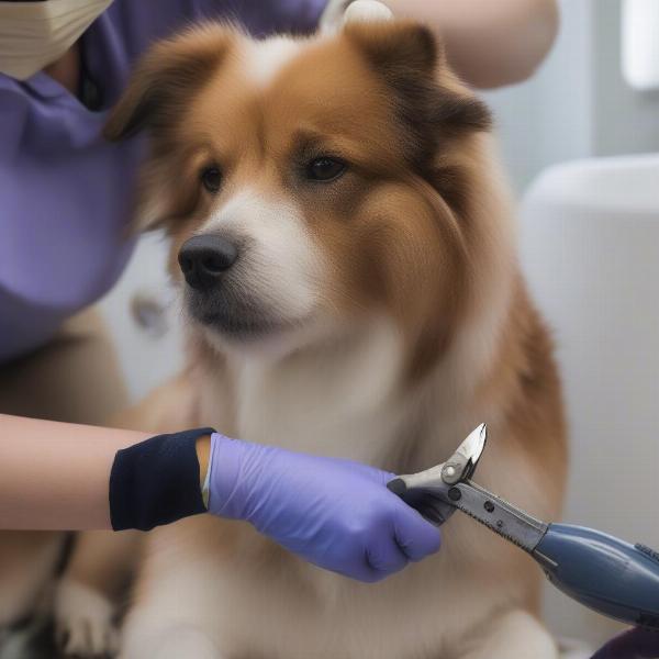 Dog getting hair clipped around hot spot