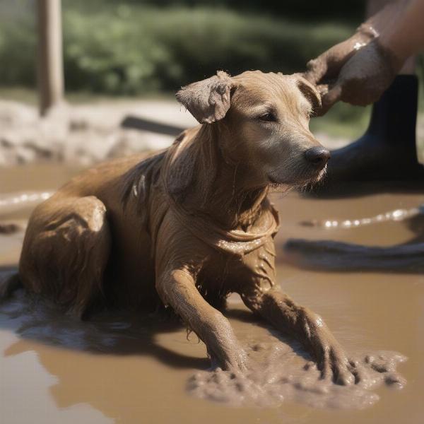 Dog getting rinsed after a mud bath