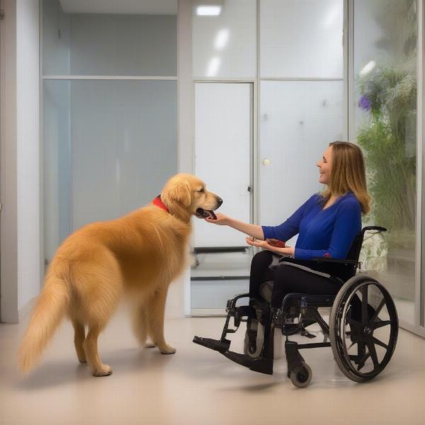 Dog getting used to its wheelchair with the owner's help