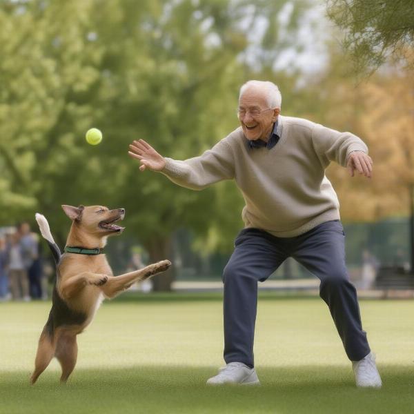 A dog grandpa playing fetch with his granddog in the park.