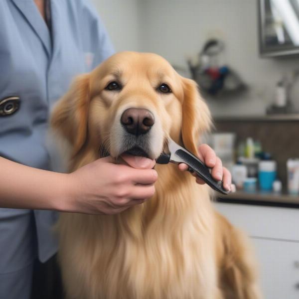 Dog groomer examining a dog's skin