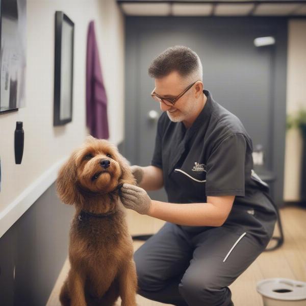 Dog Groomer Interacting with a Dog