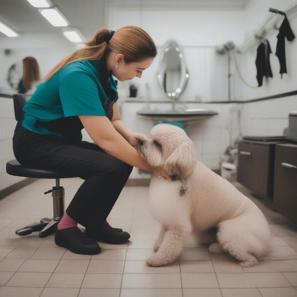 A dog groomer gently interacting with a dog, demonstrating a calm and caring approach.