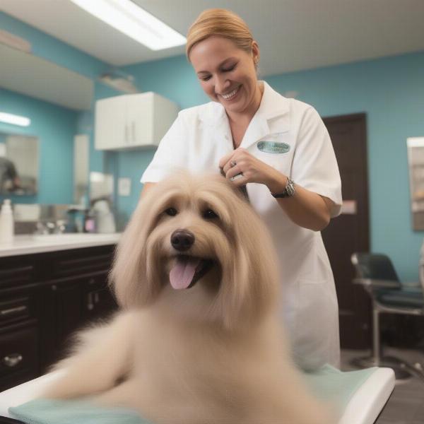 Dog groomer in Simpsonville, SC checking a dog