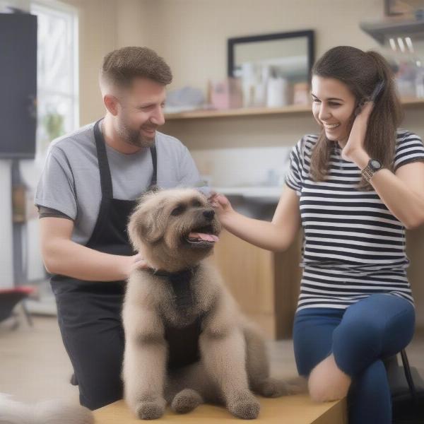 Dog owner asking questions to a groomer