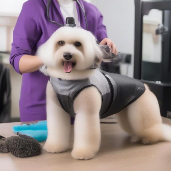 A dog groomer wearing leggings while grooming a dog