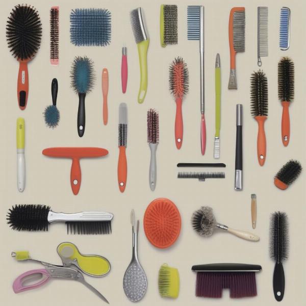 Different types of dog grooming brushes for various coat types.