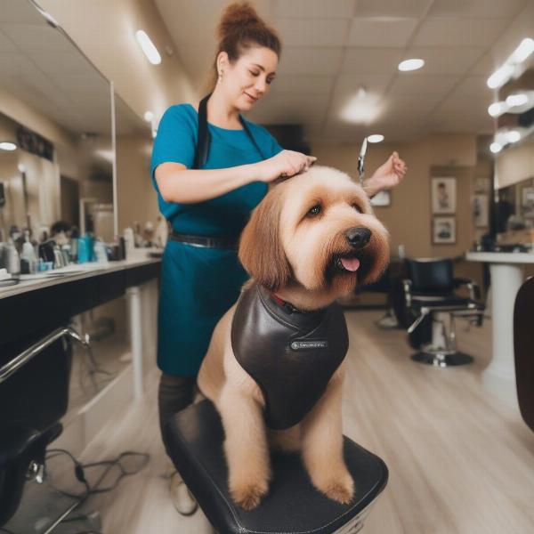 Dog getting a haircut at a grooming salon in Jersey City, NJ