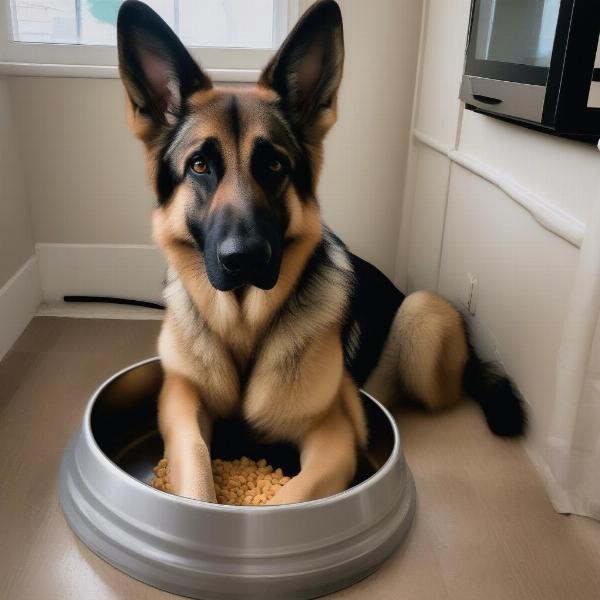 A dog gruffing while protecting its food bowl