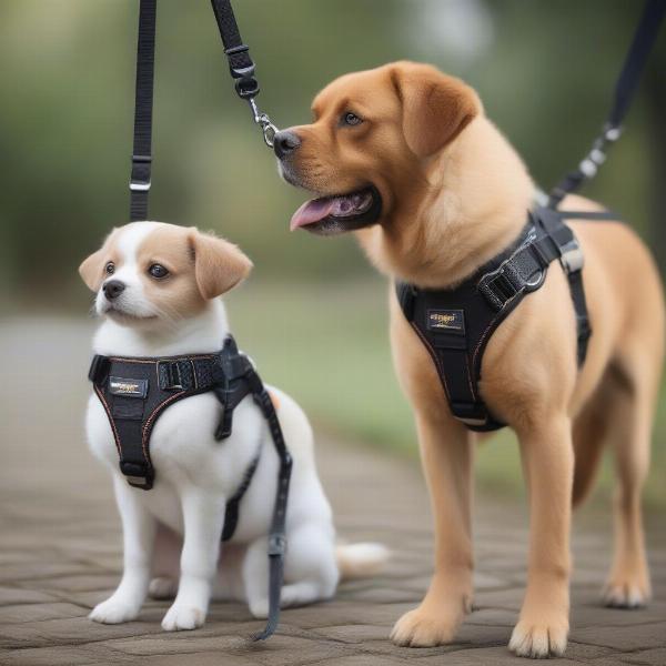 Different sizes of dog harnesses with built-in leashes