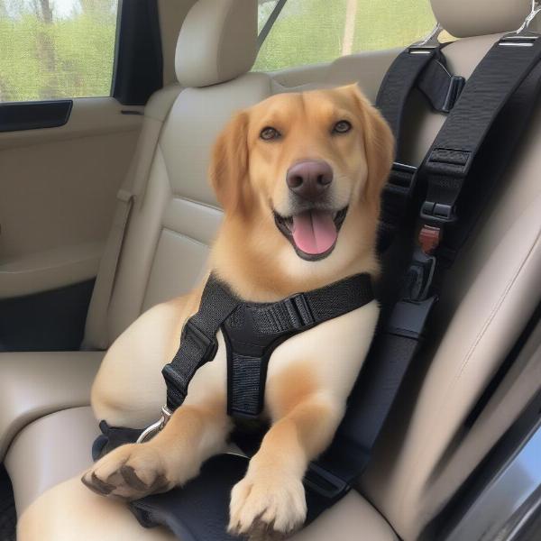 Dog Safely Secured in Car with Harness and Seat Belt