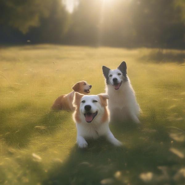 A peaceful meadow with dogs running and playing