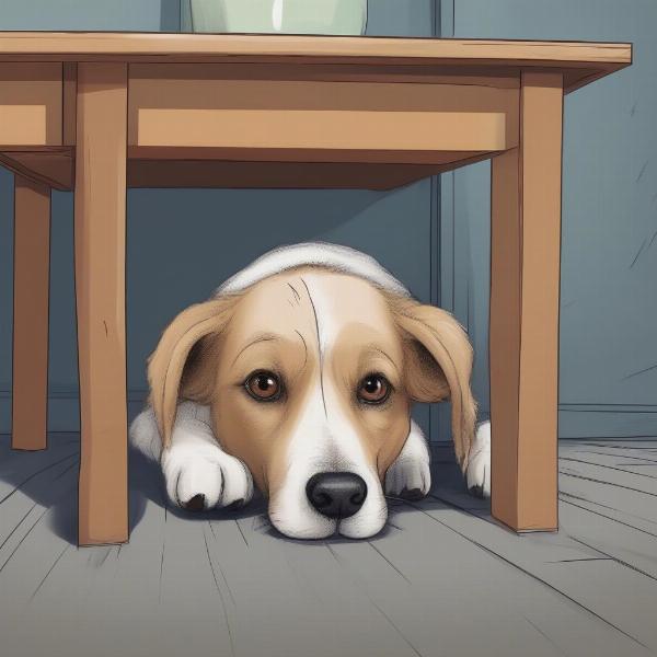 Dog hiding under a table