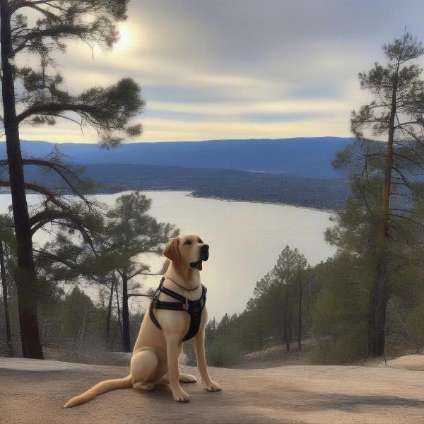 A dog enjoying a hike on a scenic trail near Big Bear Lake.