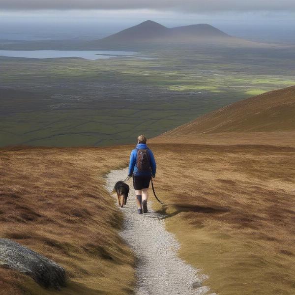 Dog hiking on Croagh Patrick mountain in County Mayo with stunning views.