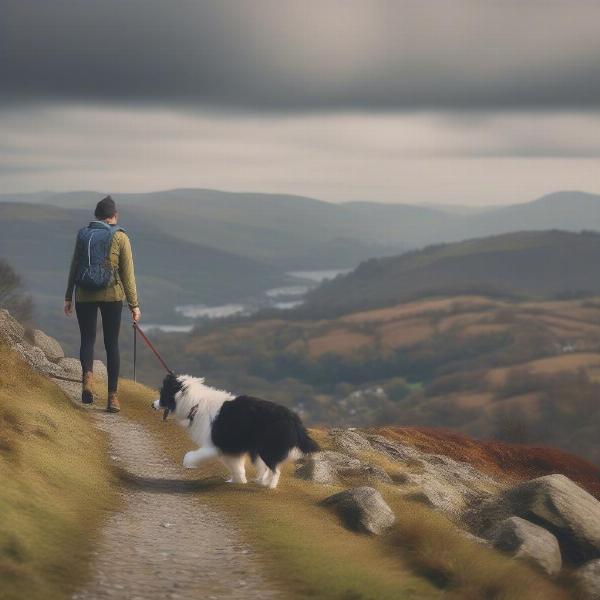 A dog enjoying a hike in Ambleside with its owner.