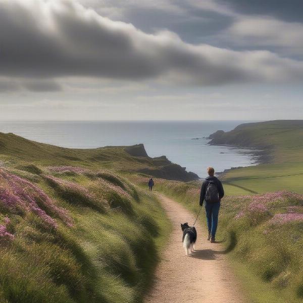 A dog hiking on a Jersey coastal path