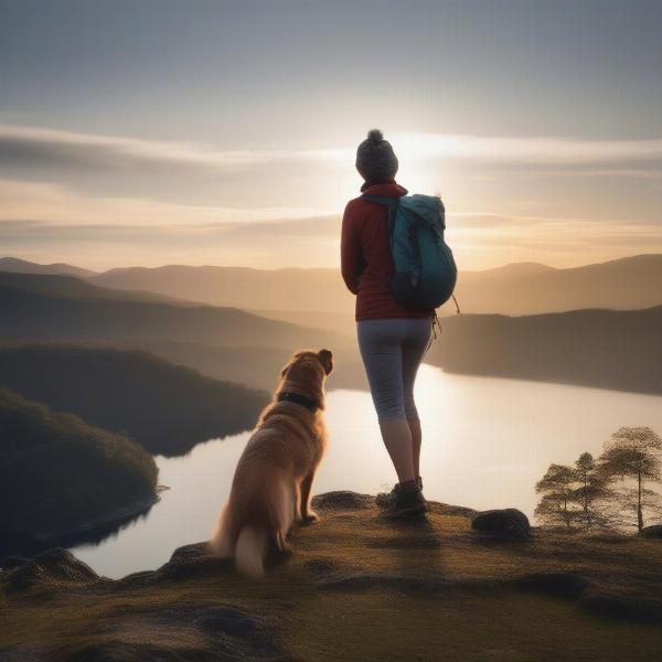 A happy dog enjoying a hike on a scenic trail overlooking Lake Windermere.