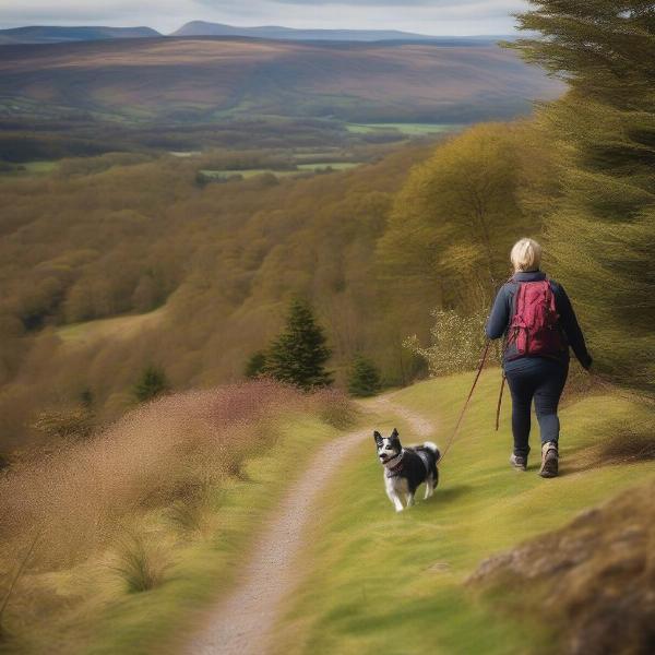 Dog hiking on a scenic trail in Pitlochry