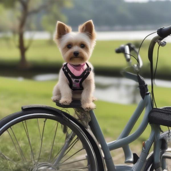 A dog enjoying a bike ride in a basket