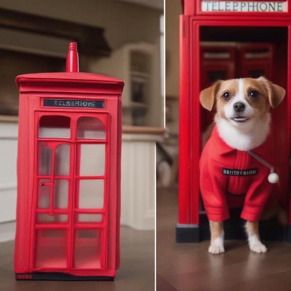 Dog dressed as a British telephone booth