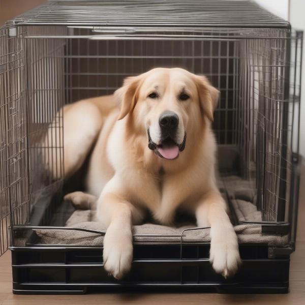 A large dog comfortably inside a properly sized crate