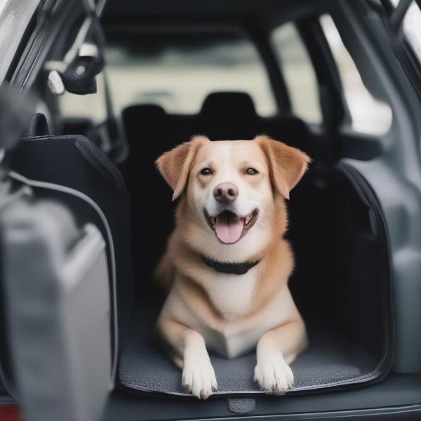 A happy dog in its car cage